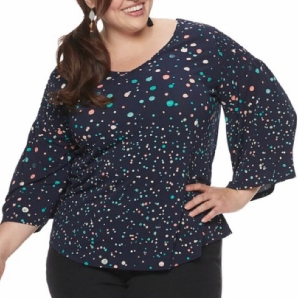 NWT Evri Navy 3/4 Sleeve V-Neck Polka Dot Womens‎ Plus Size 2X Top Blouse